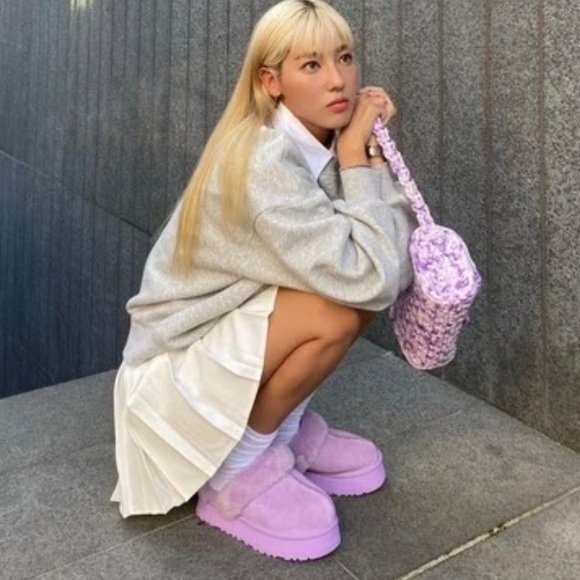 UGG Disquette Platform Sheepskin Suede Fur Lilac Lavender Slip On Shoe Sz 8 NEW - Picture 14 of 16